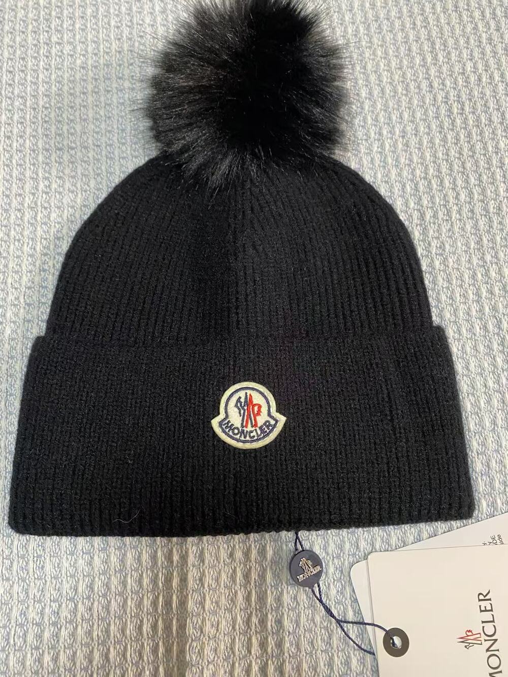 Moncler Logo Patch Black Ribbed Knit Pom Pom Beanie